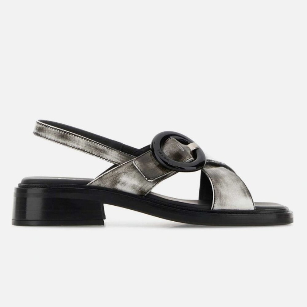 NWB PRADA Brushed Leather Slingback Buckle Black Print Sandals 39.5